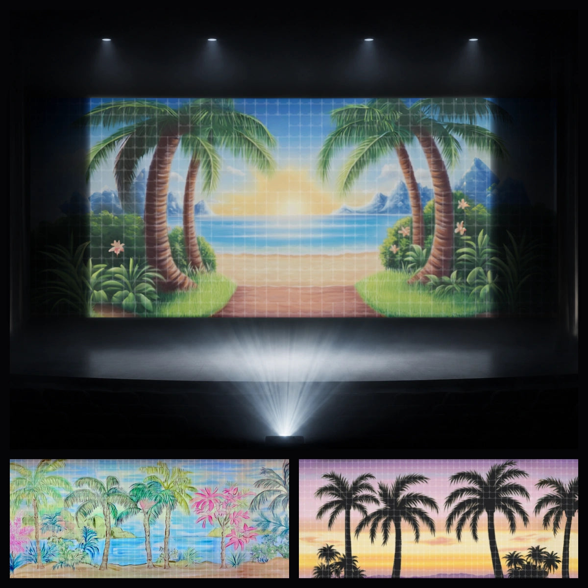 Tropical Trek mini digital backdrop bundle featuring palm beach scenery, tropical island shore, sunset palm silhouettes, and ocean view projection backgrounds for instant download stage projection, VBS tropical themes, church kids ministry, school plays, children’s theatre, summer camp events, and island adventure productions.