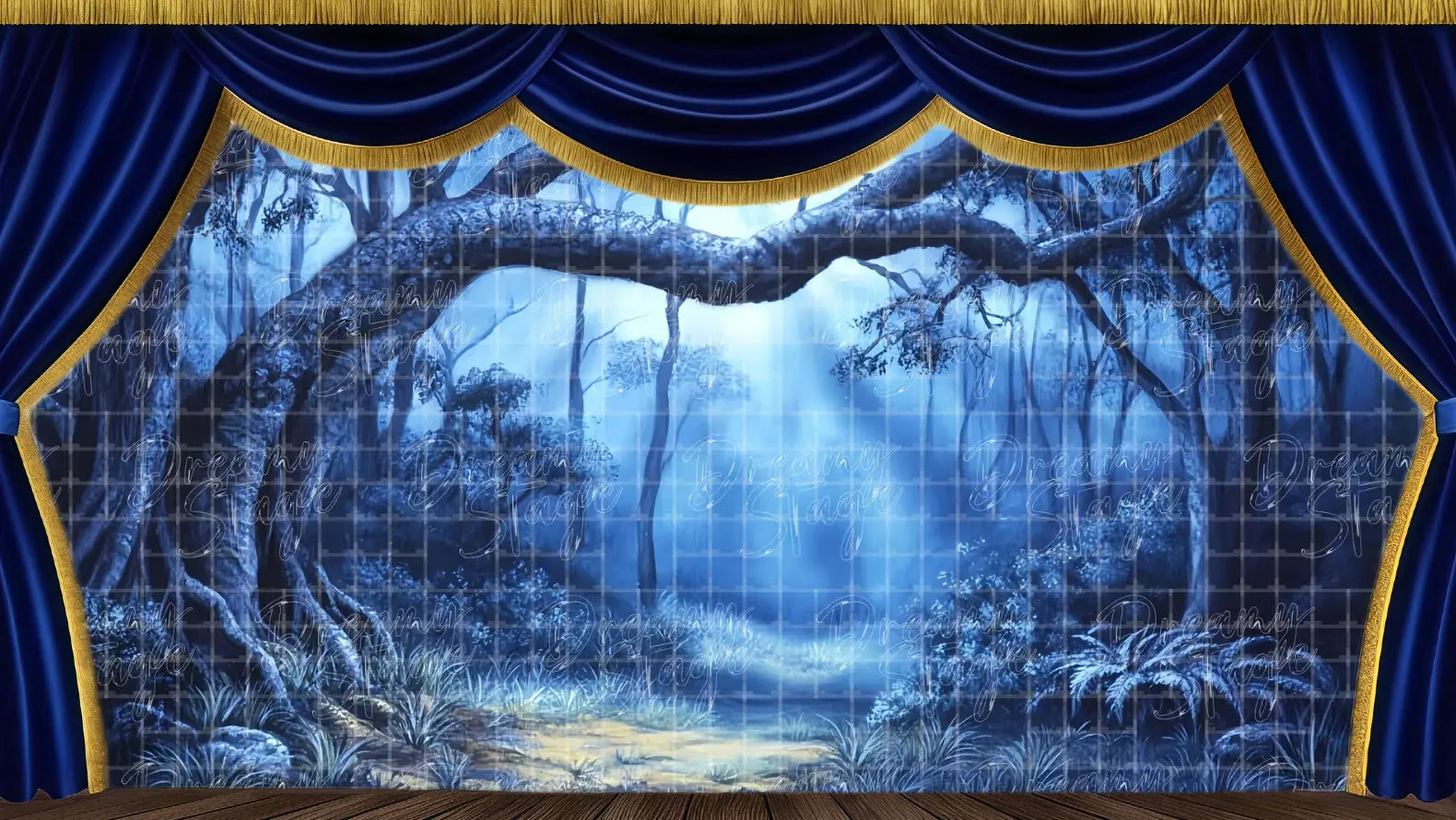 An eerie shadow forest with twisted trees, glowing blue mist, and deep enchanted vibes. Ideal for cursed spells, magical transitions, or haunting scenes.