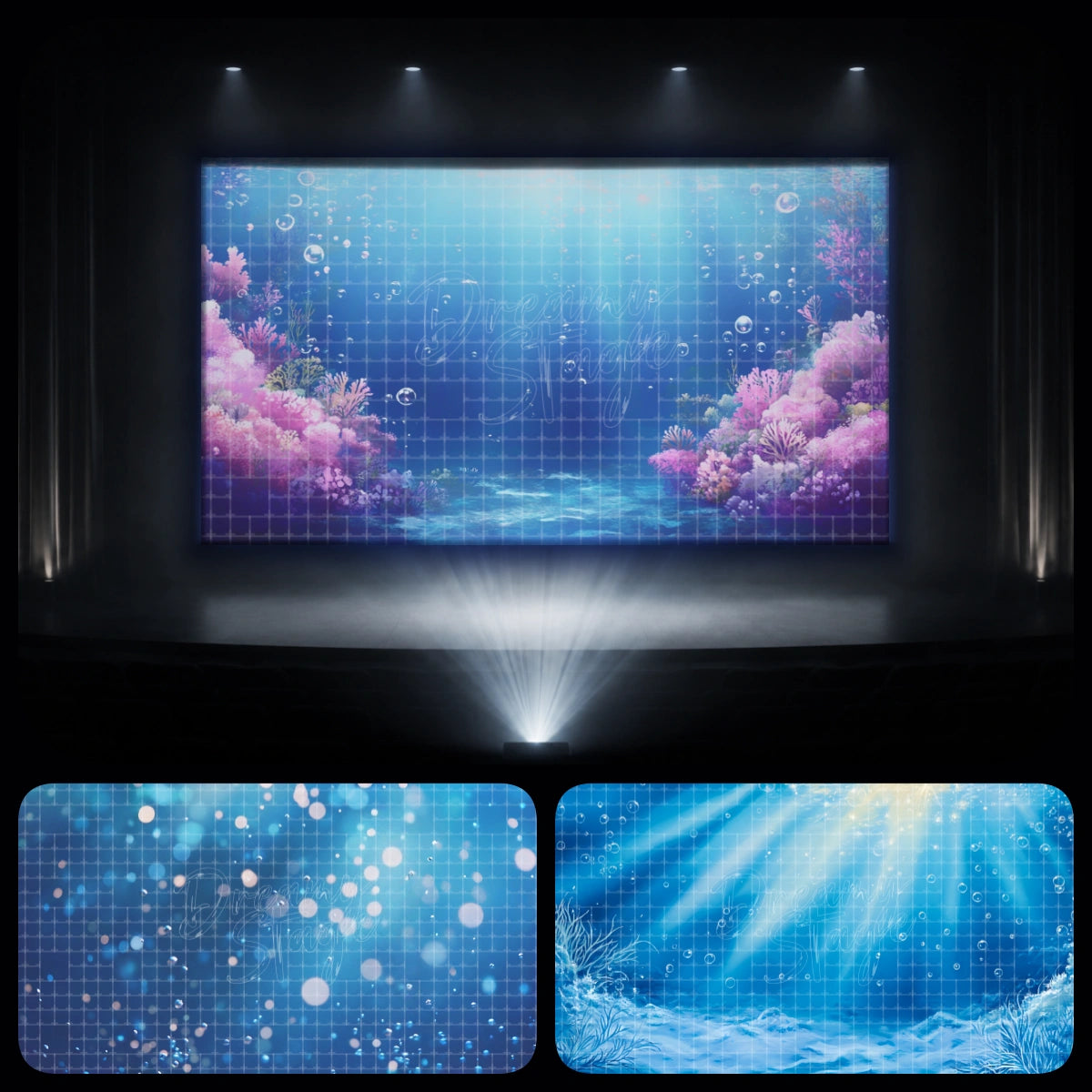 Under the Sea dance recital digital backdrop bundle featuring glowing coral reef scenery, blue ocean bubbles, and soft underwater light. Ideal for mermaid dance, lyrical ballet, school recital, VBS ocean theme, and kids stage projection.