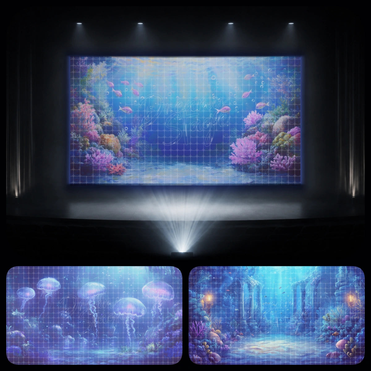 Underwater jellyfish lagoon digital backdrop bundle with coral reef, blue ocean light, and undersea ruins scenery. Perfect for mermaid dance recitals, ballet performances, children’s theatre, school shows, and ocean stage projection.