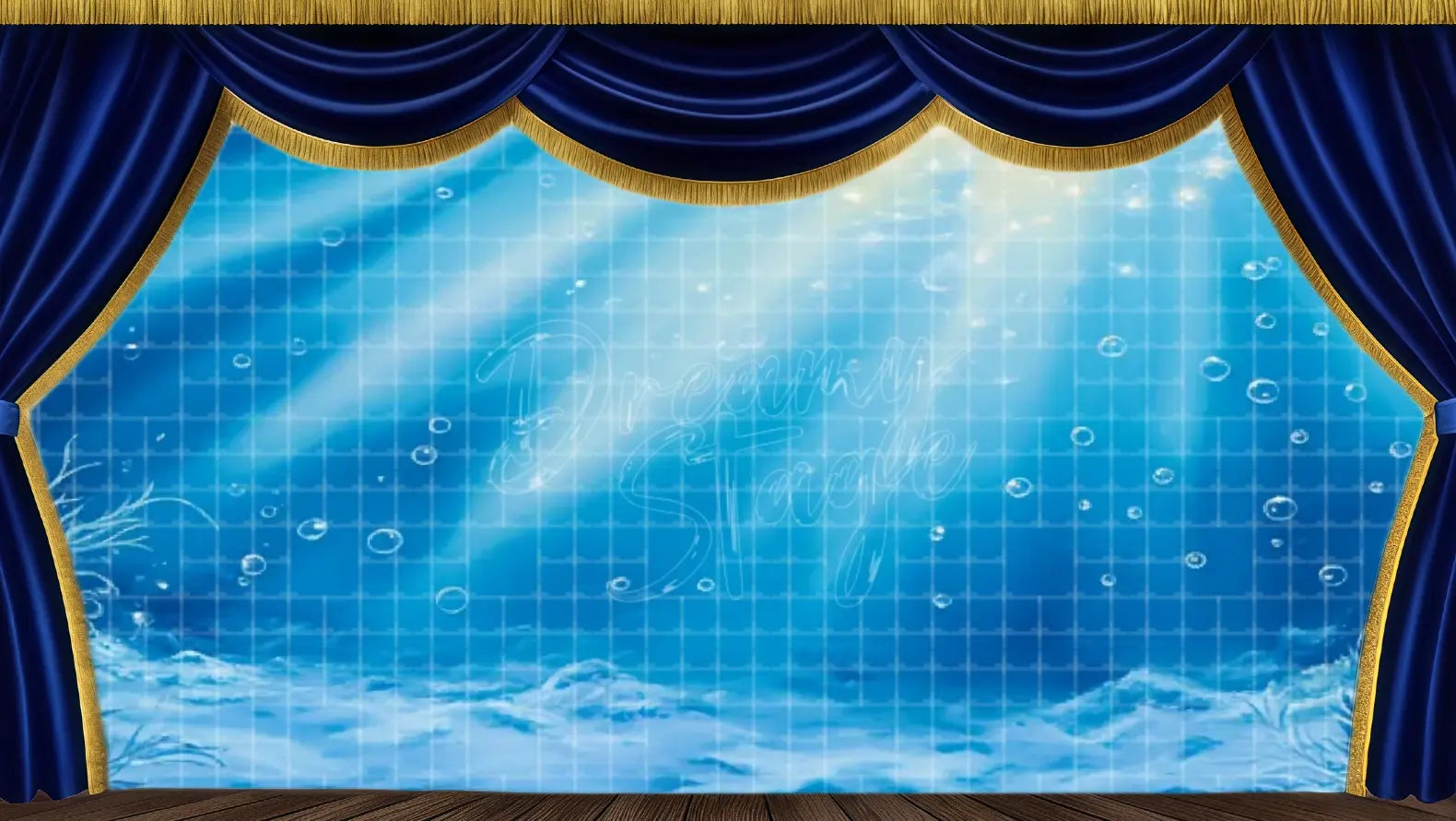Blue underwater scene with sunlight rays and drifting particles. Ideal theatre backdrop for Little Mermaid, ocean musicals, and dance recitals.