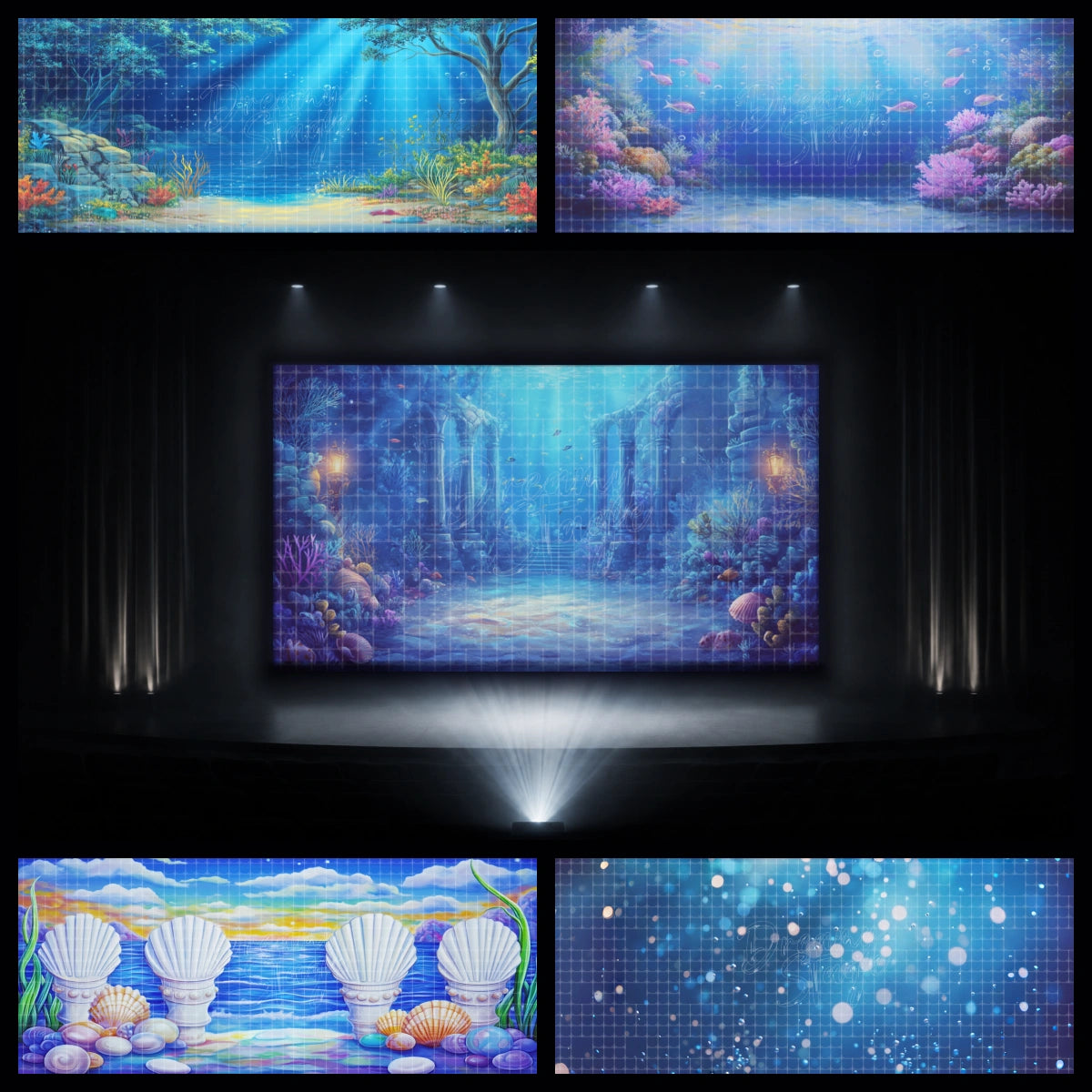 Undersea ruins and shell palace digital backdrop bundle with coral reef, jellyfish, moonlit sea, and shell column scenery. Designed for mermaid dance recitals, lyrical ballet, children’s theatre, VBS ocean themes, and underwater stage projection.
