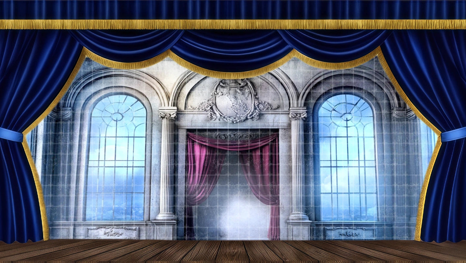 High-quality digital stage backdrop for A Christmas Carol musical or ballet, featuring a richly decorated Victorian Living Room on Christmas Eve with a lit tree, red velvet curtains, and gold accents. Ideal theatrical scenery for Act 1 parlor scenes.