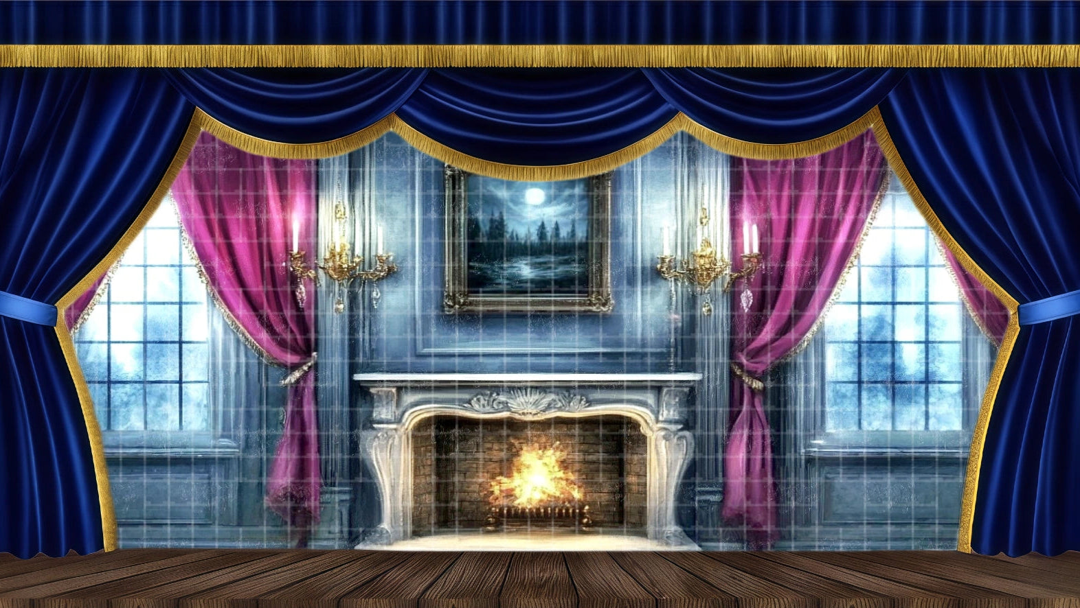 Stunning blue-grey Victorian Living Room theatrical backdrop for A Christmas Carol. Features a large fireplace, pink/red drapes, and a moonlit forest painting, ideal for Ghost Scene transitions or $\text{Scrooge}$'s cold parlor stage setting.