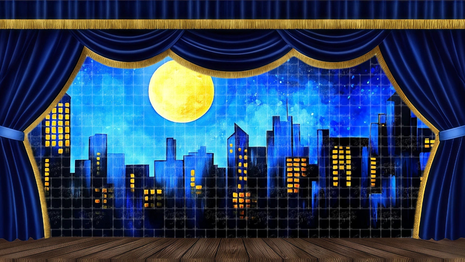 Snowy Victorian London skyline backdrop featuring Big Ben and Westminster in blue and white winter scene for A Christmas Carol theatre production