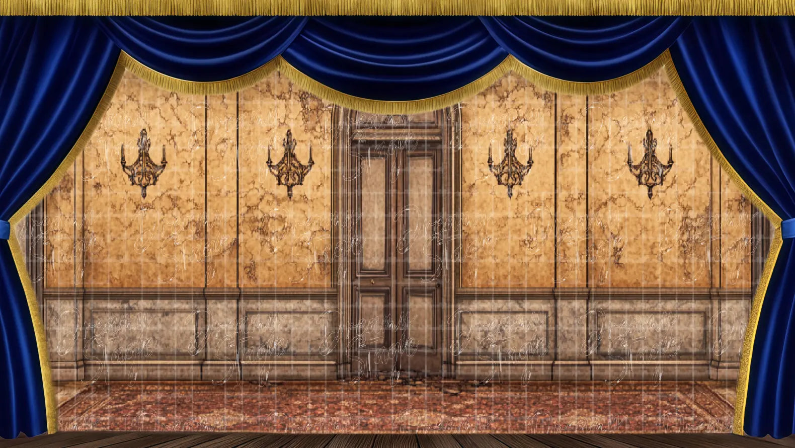 Large Victorian hallway stage backdrop with gothic wall details and center doorway. Ideal haunted mansion theatre scenery.