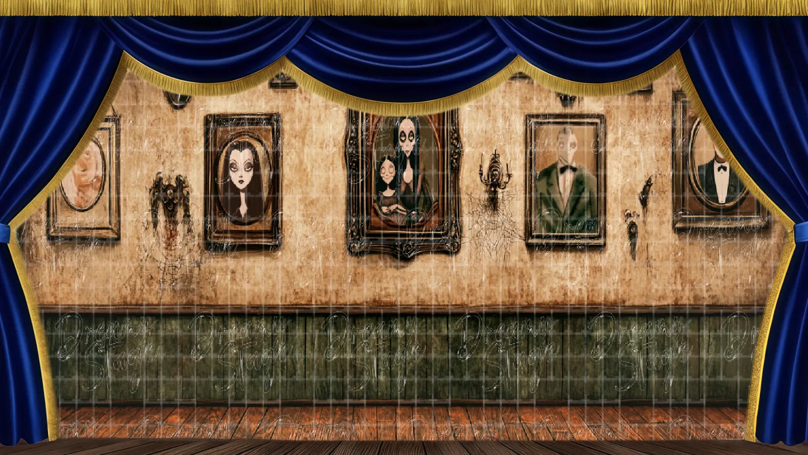 Haunted mansion portrait gallery stage backdrop featuring vintage gothic frames and eerie Victorian decor. Ideal spooky musical scenery.