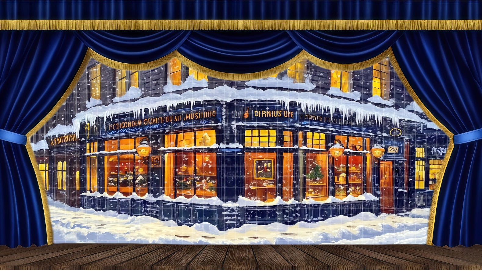 A Christmas Carol digital backdrop showing a snowy Victorian London street corner with dimly lit windows. Use for Scrooge's office exterior or Act 1 Stage Scenery. High Resolution Digital Backdrops.