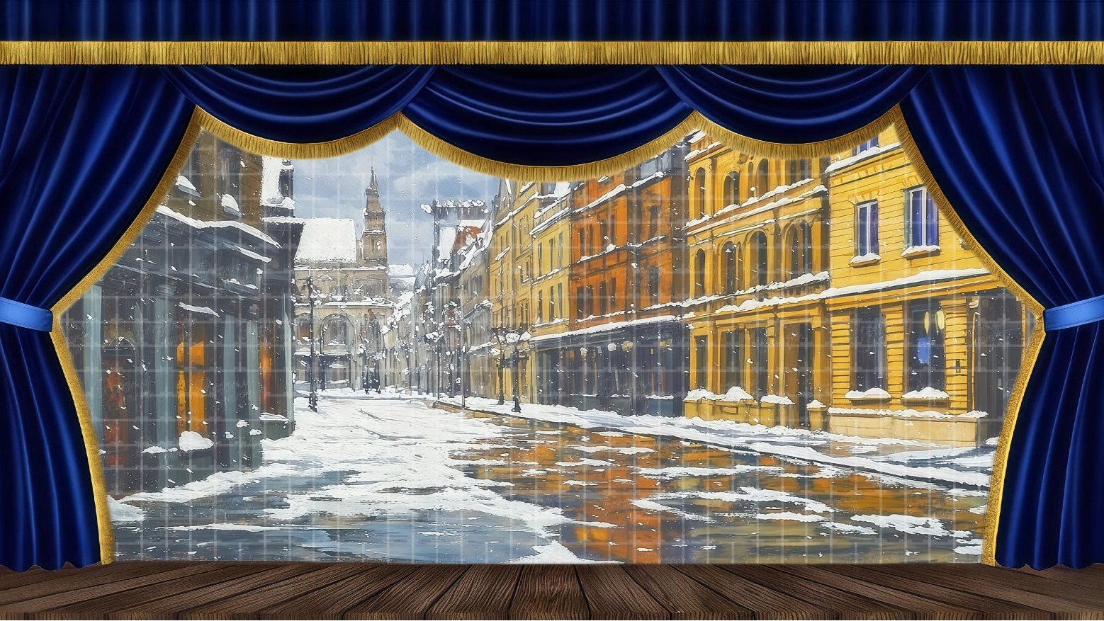High-resolution Victorian Winter Street theatrical backdrop, ideal for a Christmas Carol stage or other period play. Features snowy European architecture and is available as a fire-retardant vinyl backdrop for small stage recitals.