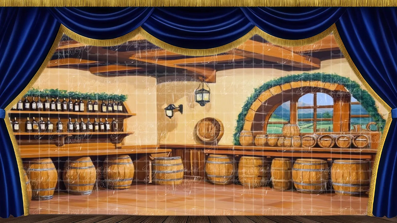 A cozy country tavern scene with wooden beams, a bar lined with barrels, and a rustic charm. Perfect for musical theater, fantasy plays, or village storytelling.
