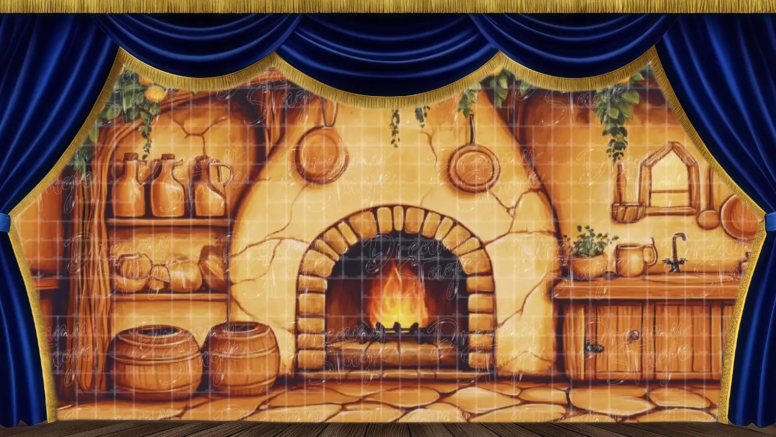A cozy medieval cottage kitchen with stone oven, hanging pots, wooden shelves, and warm firelight, ideal as a village interior stage backdrop for Cinderella or storybook plays.