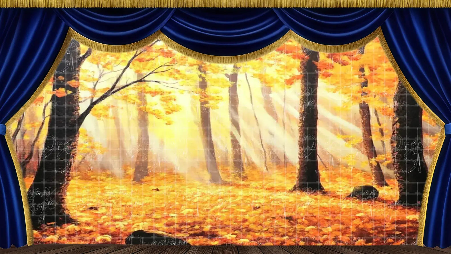 Golden forest path stage backdrop with warm autumn light and woodland trees. Perfect theatrical backdrops for Wonderland scenes, outdoor transitions, and school drama productions. Available in Microfiber, Outdoor Linen, and Theatre-Certified Fabric.