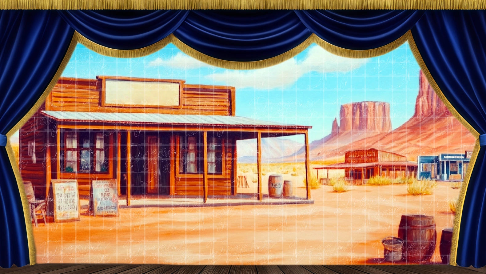 Western town backdrop ideal for Footloose rural scenes. Digital stage backdrop for HD projection, virtual scenery, and theatrical use.