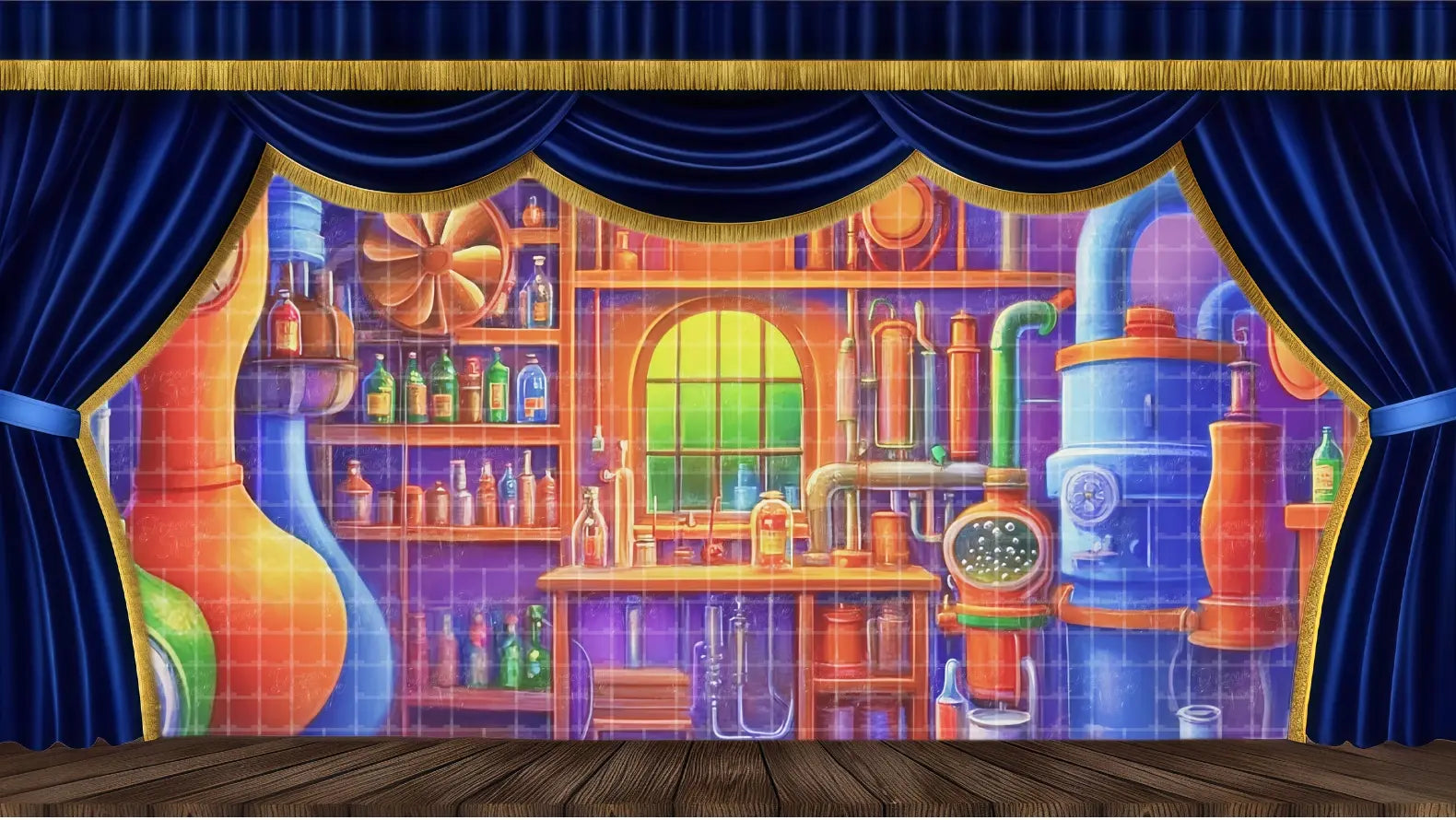 Candy laboratory stage backdrop with whimsical pipes, glass jars, and colorful inventions. Perfect theatrical backdrop for musical theatre and school play productions.