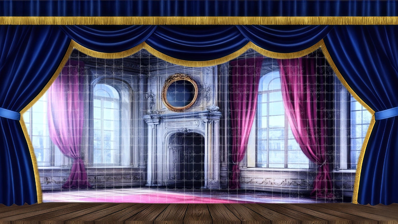 Stunning light grey and pink Grand Hall theatrical backdrop with ornate fireplace and high arch windows showing a snowy exterior. Ideal Ballet Ballroom scenery for The nutcracker Act 1 or a wealthy Victorian Parlor in A Christmas Carol.