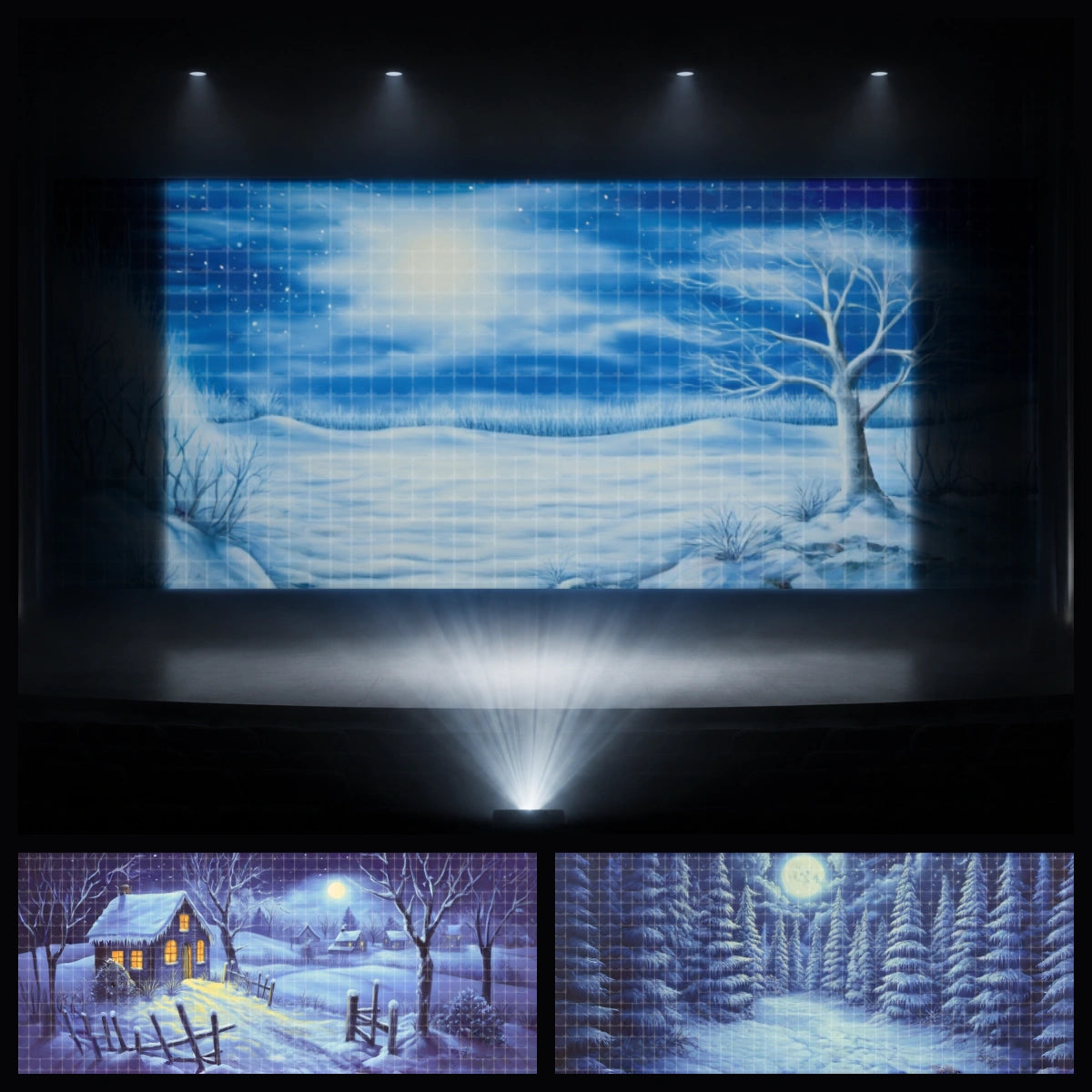 Winter Cabin mini digital backdrop bundle featuring snow field scenery, cozy winter cottage, and moonlit snowy forest backgrounds for instant download stage projection, Snowball Mountain Challenge events, Bible camp programs, school winter plays, children’s theatre, church kids ministry, and holiday stage productions.