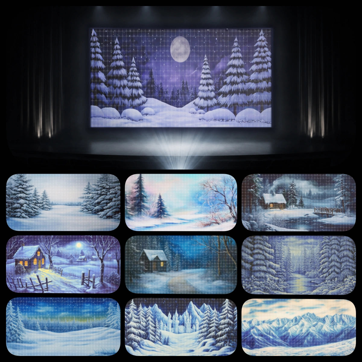Winter Camp complete digital backdrop bundle featuring snow-covered cabins, winter forest trails, moonlit snowy woods, frozen landscapes, snow castle scenery, and alpine mountain backgrounds for instant download projection, Bible camp programs, VBS winter events, school winter plays, church kids ministry, children’s theatre, and holiday stage productions.