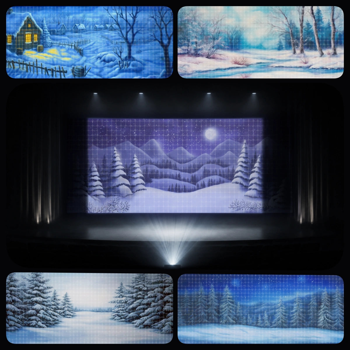Winter Forest essential digital backdrop bundle featuring snowy pine forest, winter cabin, frozen woodland, moonlit snow path, alpine mountains, and castle scenery for instant download projection, Snowball Mountain Challenge programs, church winter events, school plays, children’s theatre, and holiday performances.