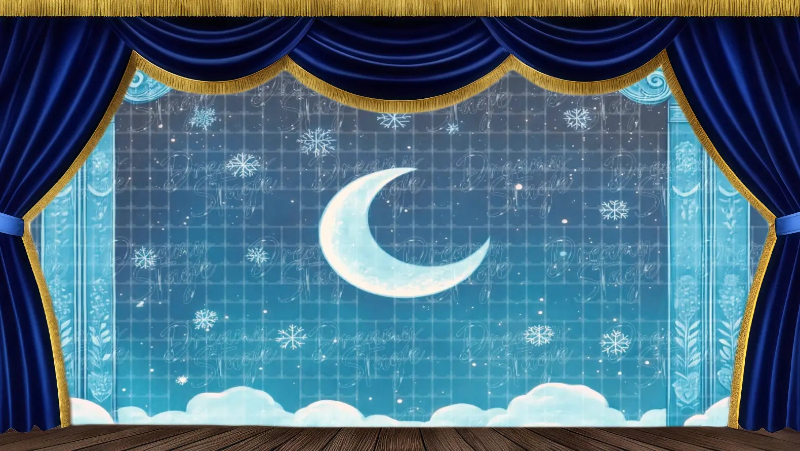Snowflake Moonlight Stage Arch performance backdrop featuring a large crescent moon, falling snowflakes, and ornate blue side columns. Ideal theatrical backdrops for The Nutcracker 'Snowflakes Waltz' and grand winter events. Available in Microfiber, Outdoor Linen, and Theatre-Certified Fabric.