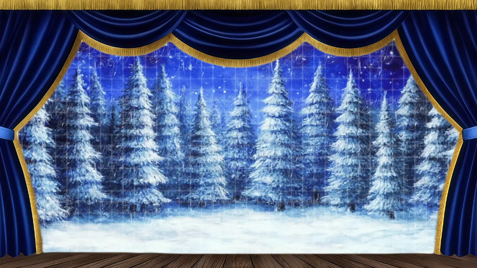 Snowy Moonlight Pine Forest theatrical backdrop featuring snow-covered trees and a dark blue night sky with a crescent moon. Ideal stage scenery for The Nutcracker Act II, winter musicals, and fantasy productions. Available in Microfiber, Outdoor Linen, and Theatre-Certified Fabric.