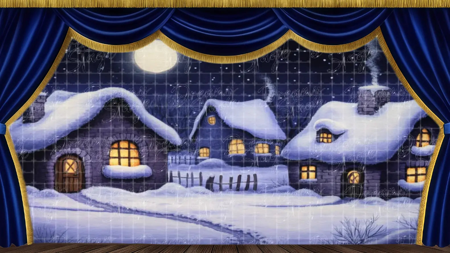 Charming snow-covered village under a full moon, with lit windows and chimney smoke – perfect for cozy winter scenes in The Snow Queen or holiday fairytale productions