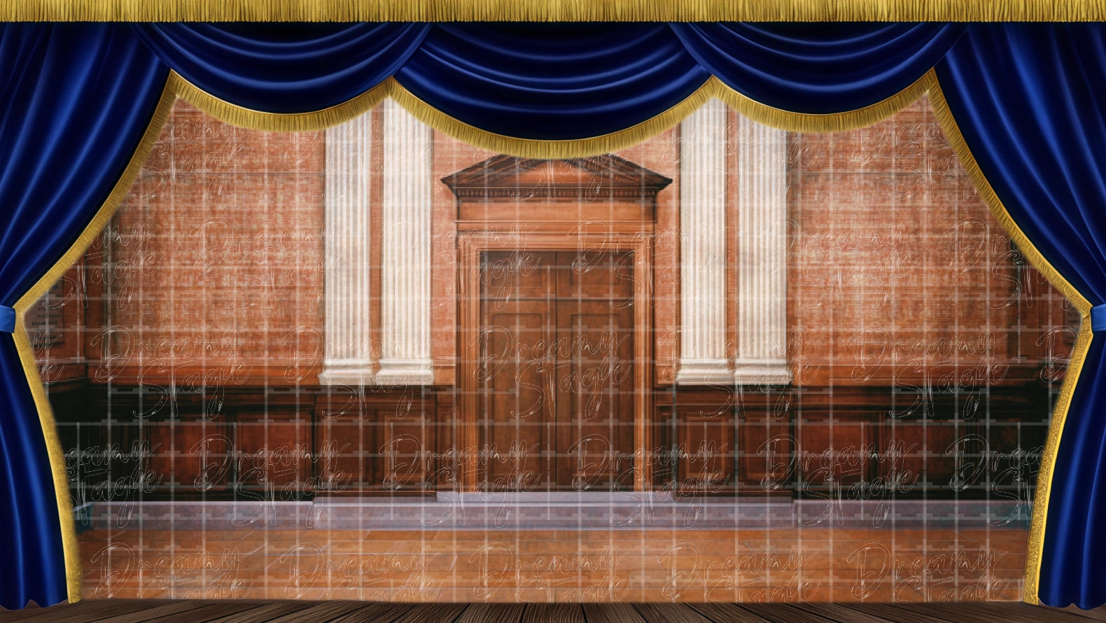 Formal interior with wooden panels, ideal for authority or meeting scenes. Digital stage backdrop for HD projection, virtual scenery, and theatrical use.