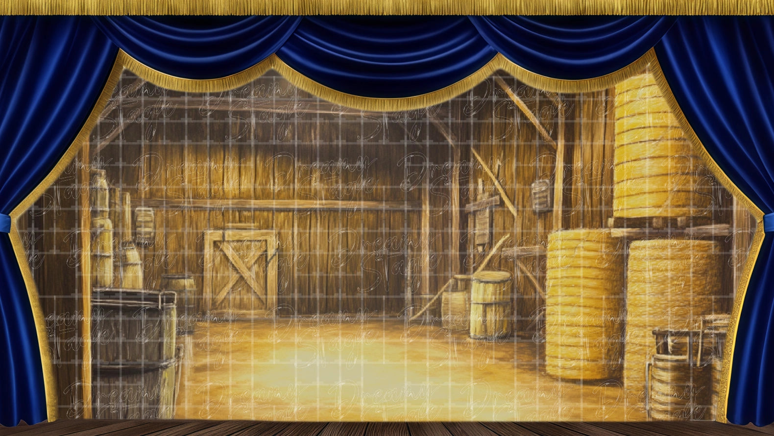Barn interior backdrop with wooden beams, ideal for Footloose dance scenes. Digital stage backdrop for HD projection, virtual scenery, and theatrical use.