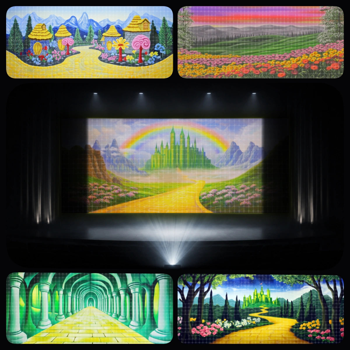 Yellow Road essential digital backdrop bundle featuring Emerald City scenery, yellow brick road landscapes, fantasy villages, colorful flower fields, palace streets, and green interior halls for instant download stage projection, school musicals, youth theatre, dance recitals, and Oz-inspired fantasy productions.