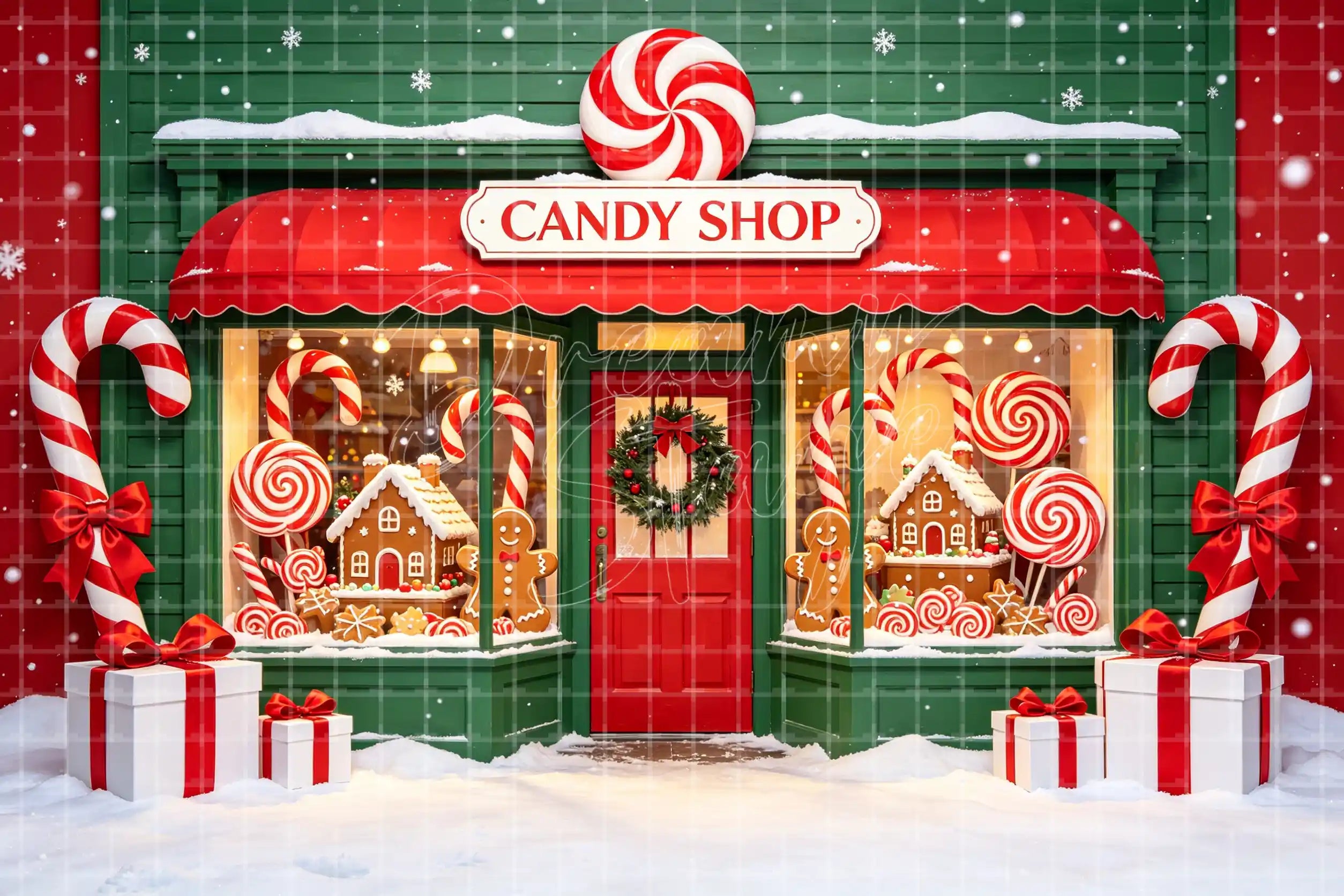 Christmas candy shop digital backdrop with snowy storefront, candy canes, gingerbread houses, red awning, holiday shop window display, restaurant decor, bar Christmas event decor, and festive photo booth background.