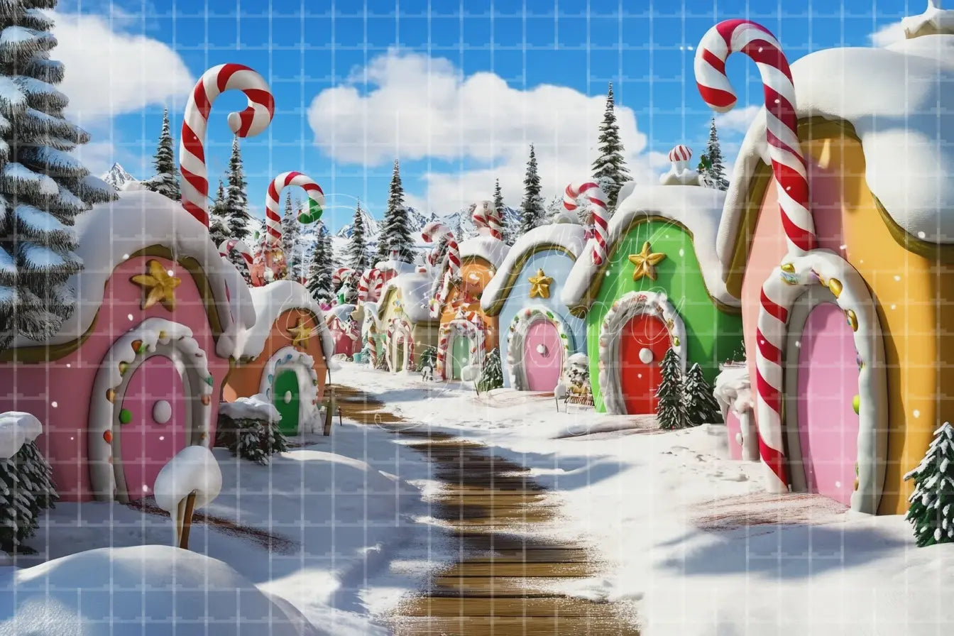 Christmas candy village digital decor backdrop with gingerbread houses, candy canes, snowy path, pastel storefronts, and festive holiday event background.