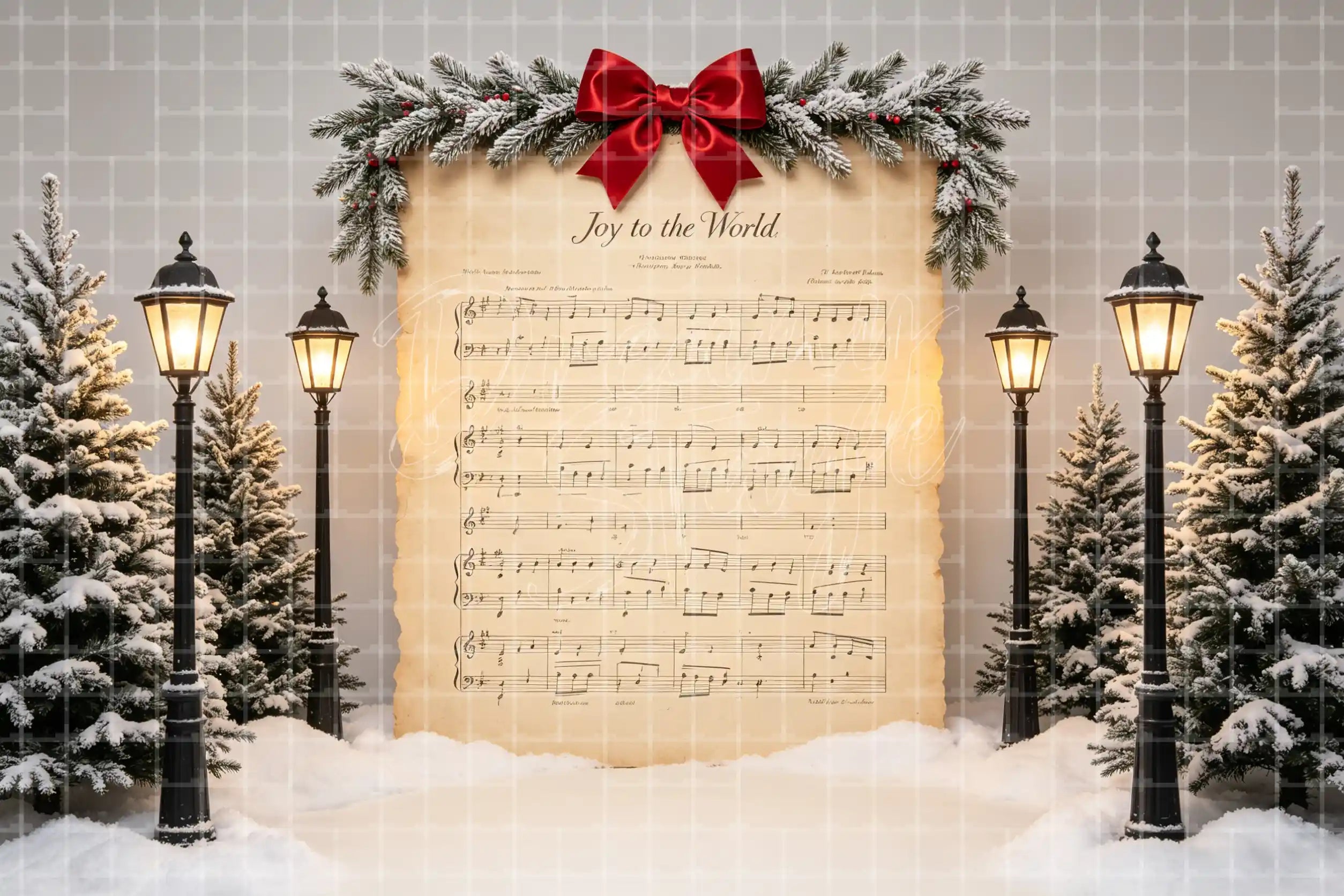 Christmas carol sheet music digital decor backdrop with Joy to the World parchment, snowy trees, lanterns, red bow, and holiday event background.