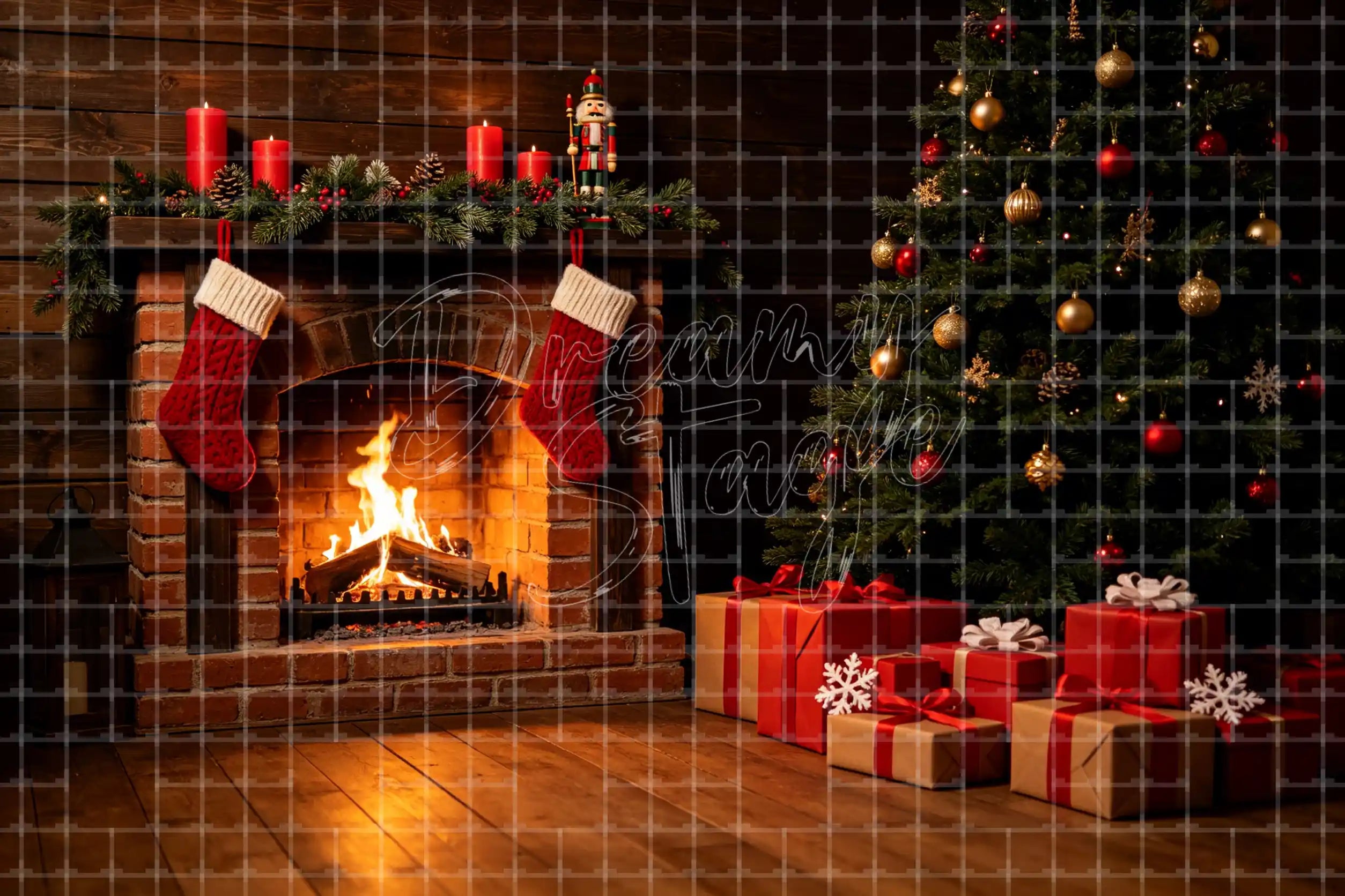 Christmas fireplace and tree digital decor backdrop with brick hearth, stockings, glowing fire, wrapped gifts, and cozy holiday room background.