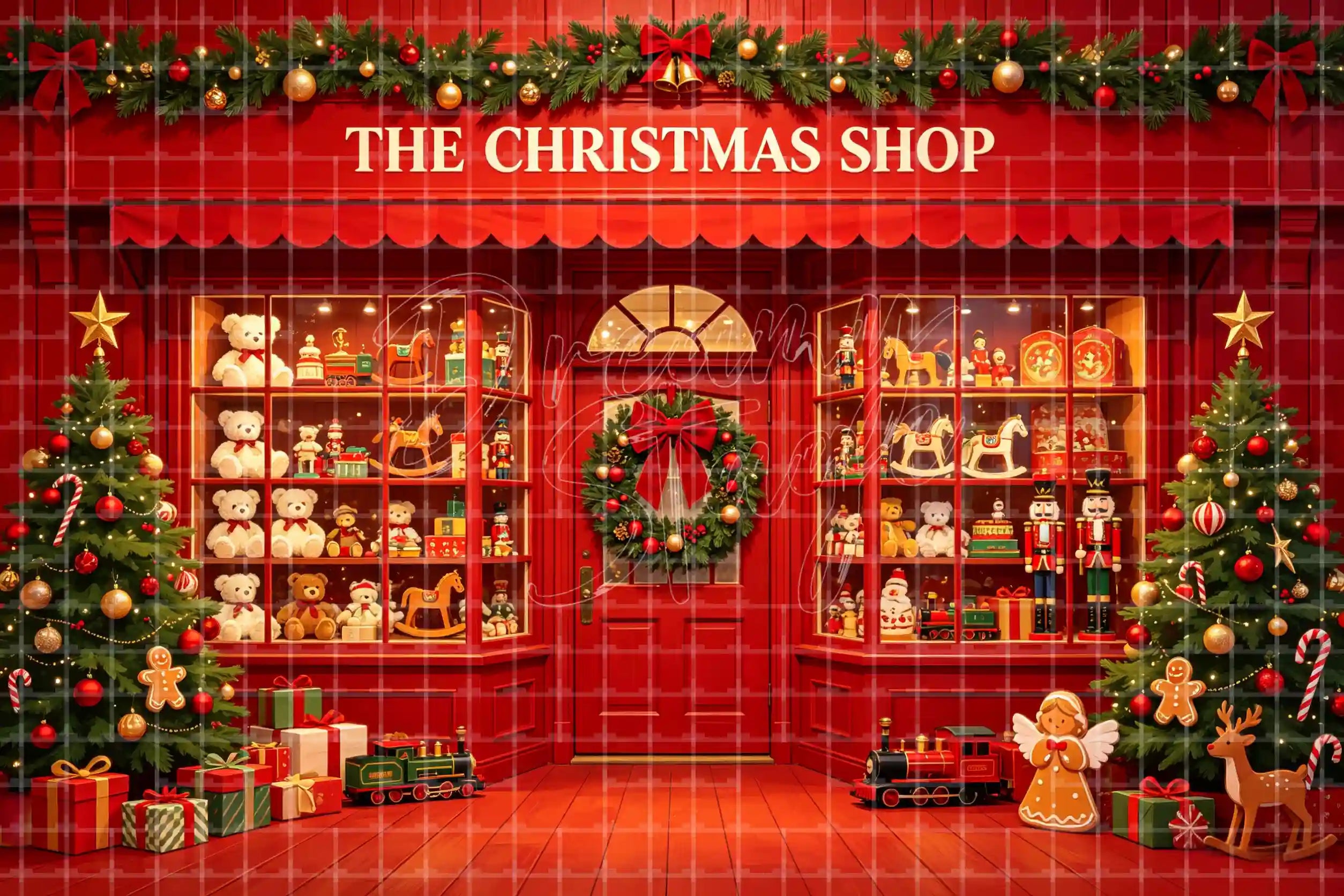 Christmas shop storefront digital decor backdrop with red facade, toy windows, garland, wreath, trees, presents, teddy bear, and holiday retail window background.