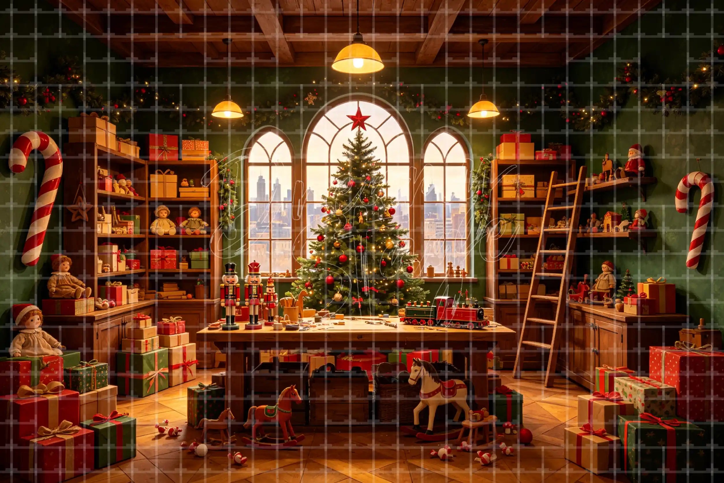 Christmas toy workshop digital event backdrop with toy shelves, glowing tree, wrapped gifts, candy canes, warm windows, and Santa gift room background.