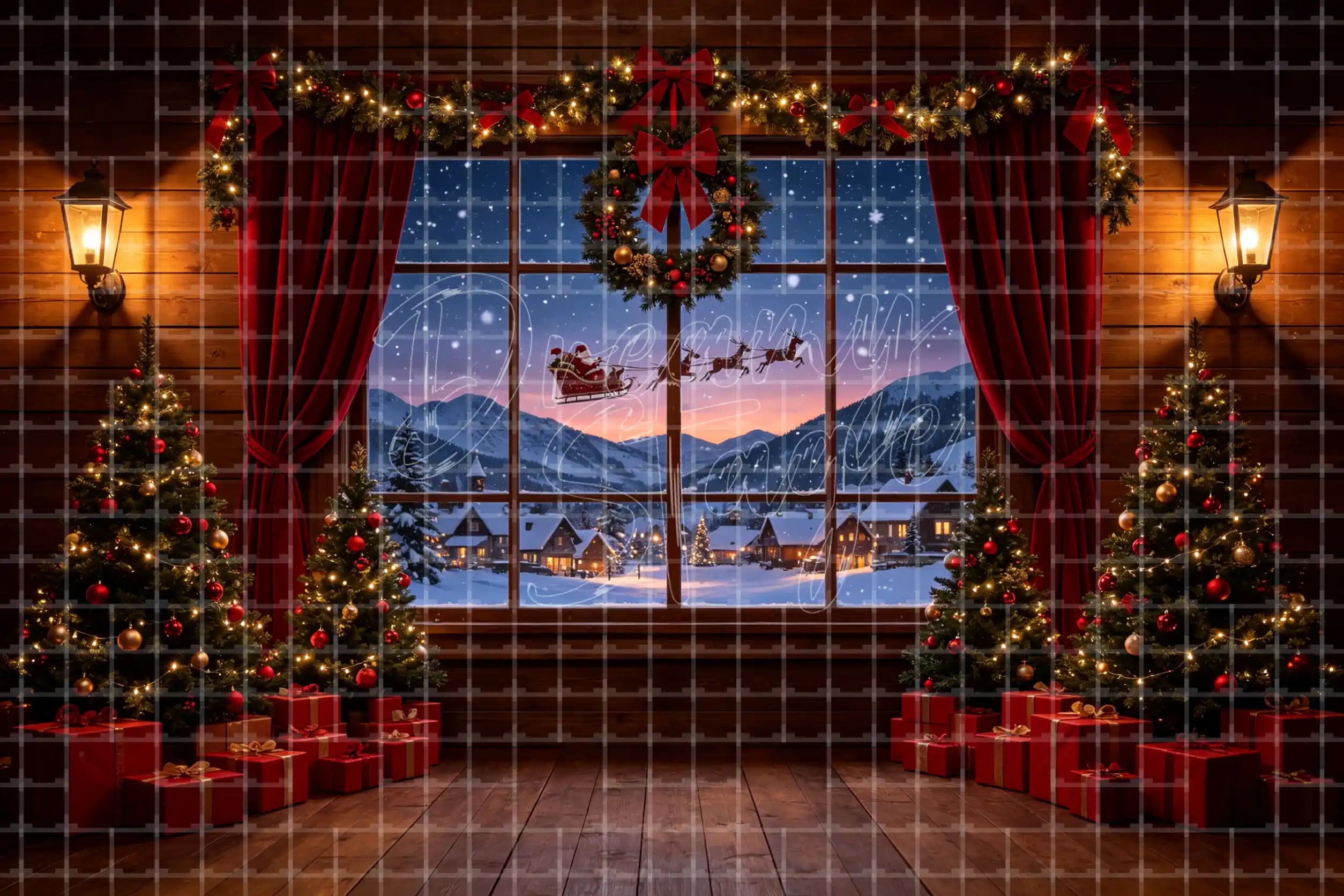 Christmas window fireplace digital decor backdrop with red velvet curtains, glowing tree, gifts, wreath, sconces, snowy mountain view, and winter event background.