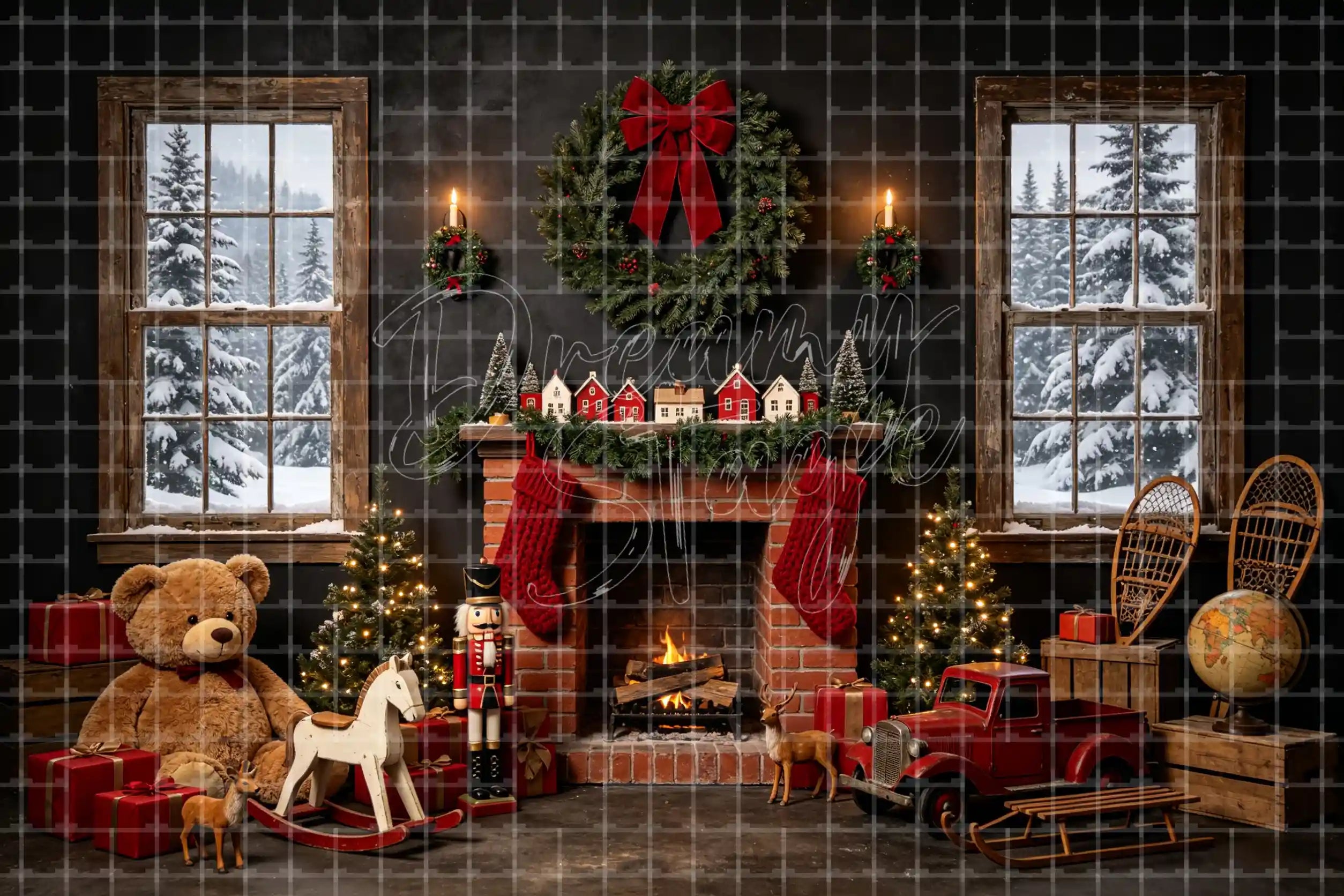 Cozy Christmas fireplace digital decor backdrop with teddy bear, rocking horse, wreath, candles, frosted windows, and warm holiday photo booth background.