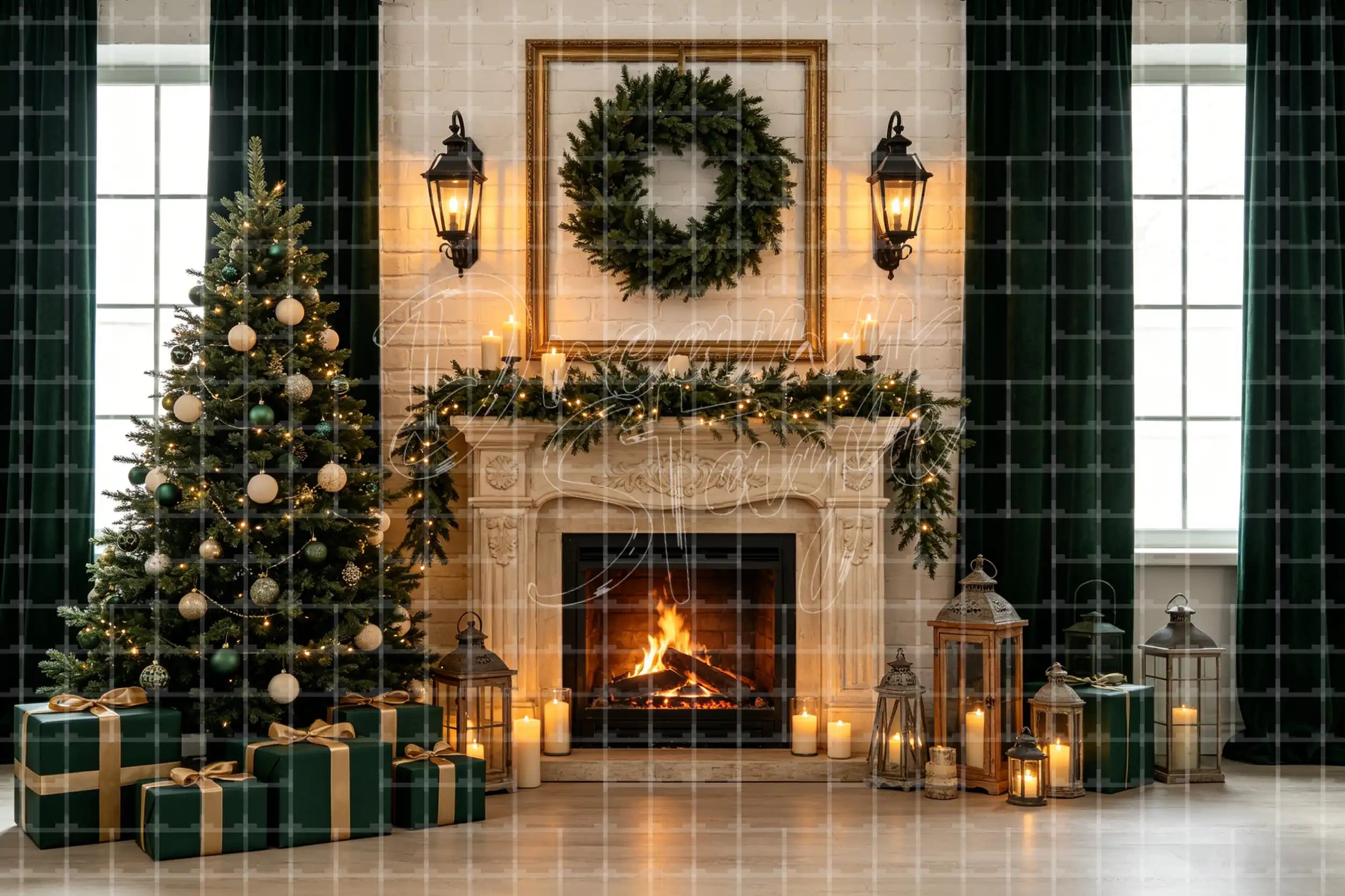 Elegant green Christmas fireplace digital decor backdrop with cream mantel, wreath, sconces, green curtains, Christmas tree, gifts, and holiday background.