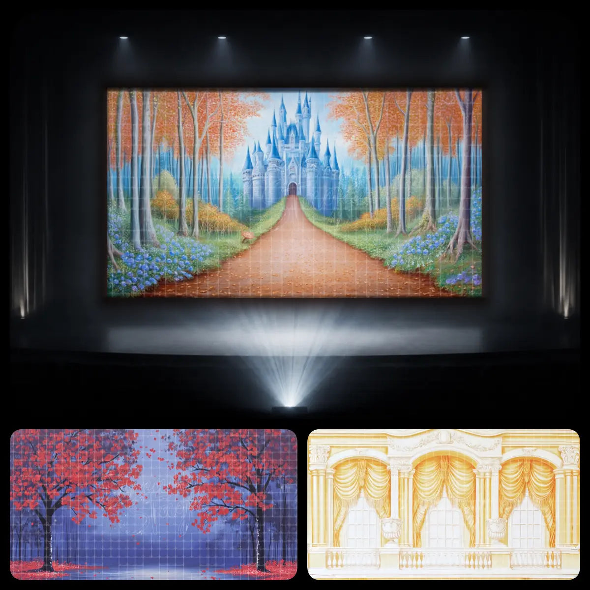 Fairytale digital backdrop for dance recitals showing an autumn avenue leading to a fantasy castle, paired with red woodland scenery and a golden ballroom interior.