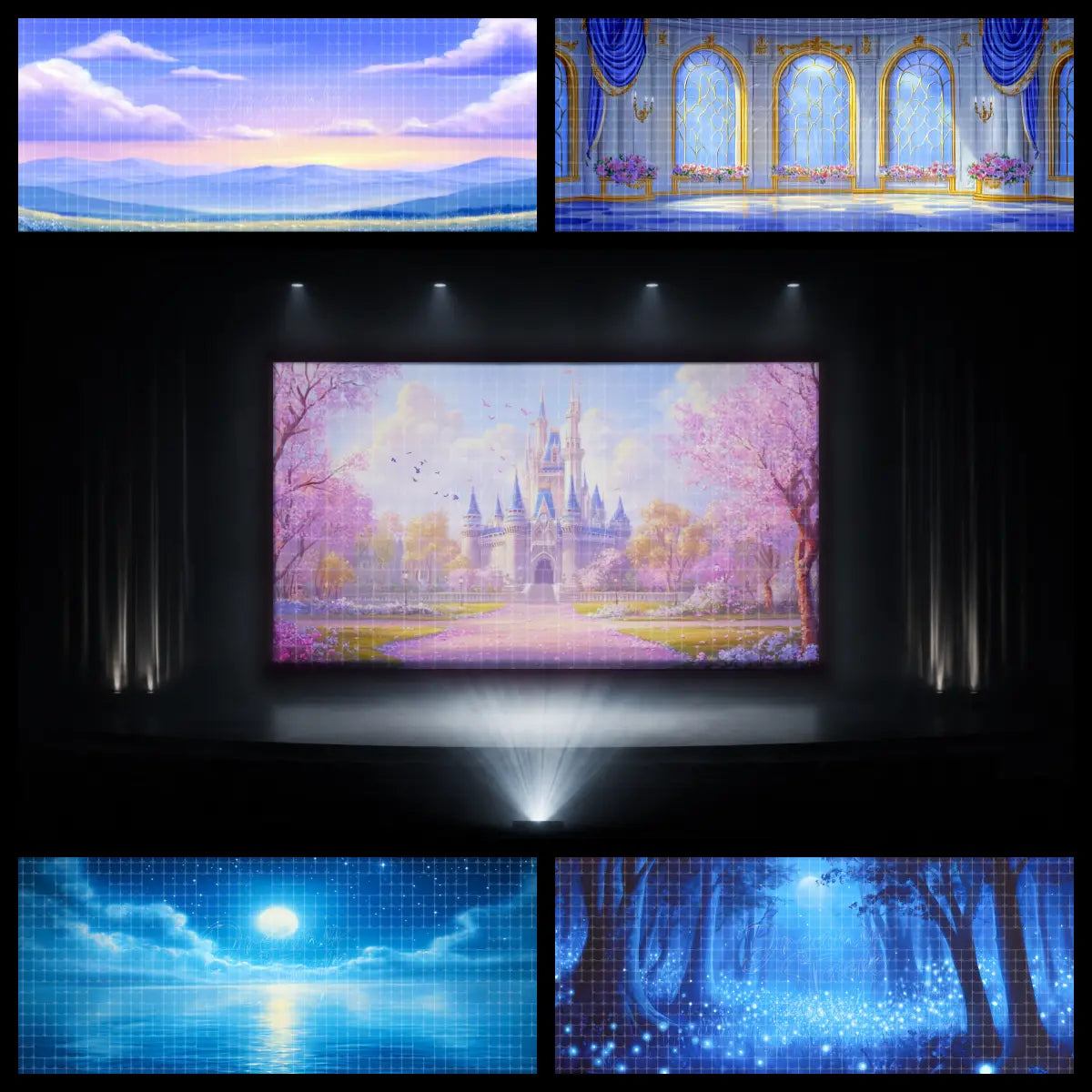 Fairytale dance recital digital backdrop with a pink blossom castle garden, moonlit water, glowing forest, and icy fantasy courtyard, designed for princess-themed stage projection.