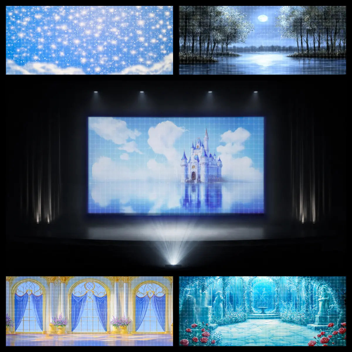 Dreamy fairytale dance recital backdrop featuring a castle in the clouds above reflective water, with sparkling sky, moonlit lake, palace interior, and crystal garden scenery.
