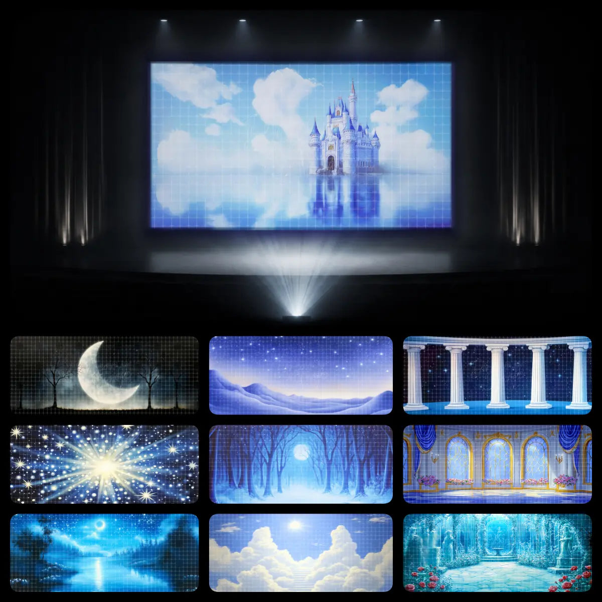 Fairytale dance recital backdrop with a celestial castle floating in the clouds, plus moonlit forest, snowy hills, palace windows, cloud stairs, and sparkling magical effects.