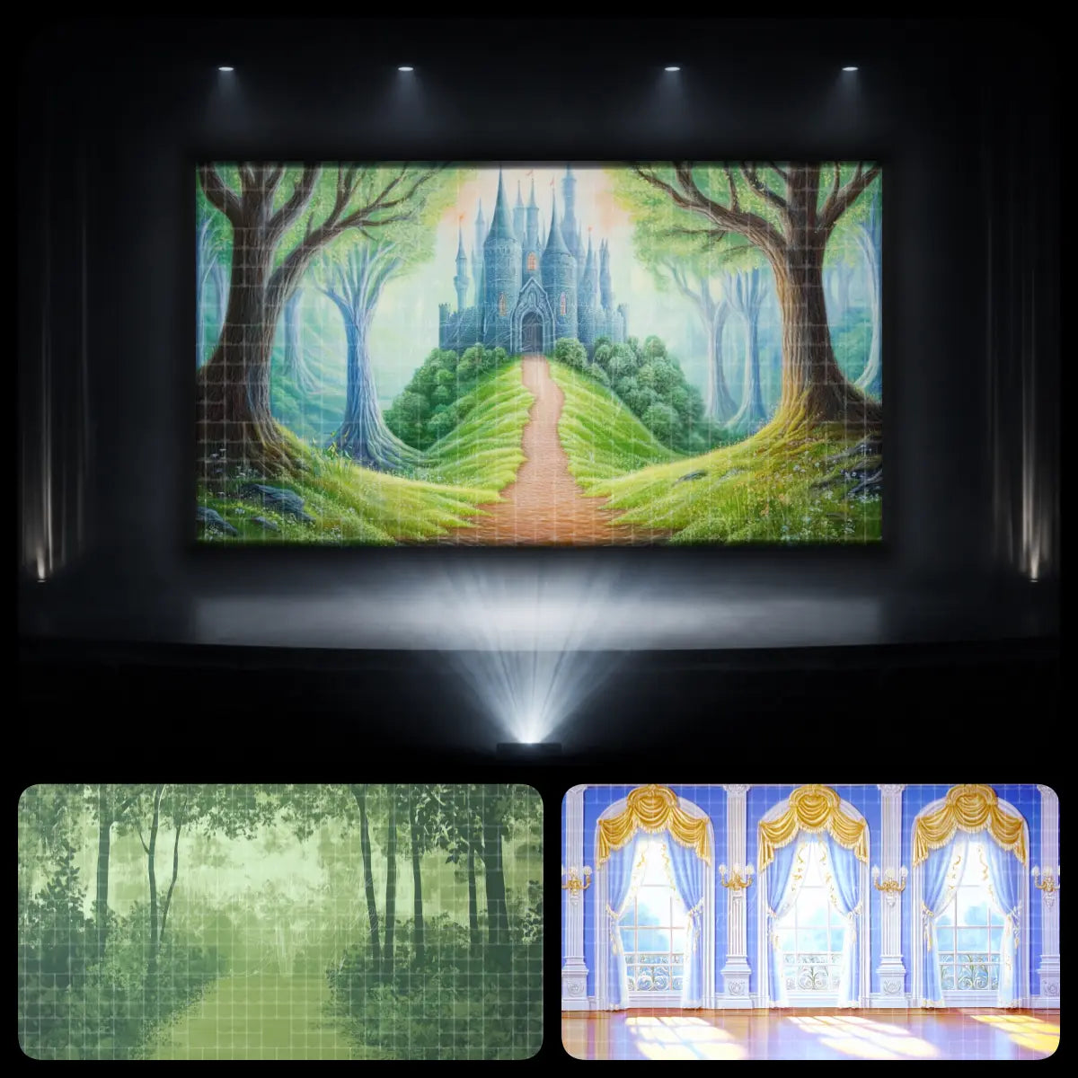 Fairytale dance recital digital backdrop featuring an enchanted forest path leading to a storybook castle, with dreamy woodland scenery and a royal palace interior for stage projection.
