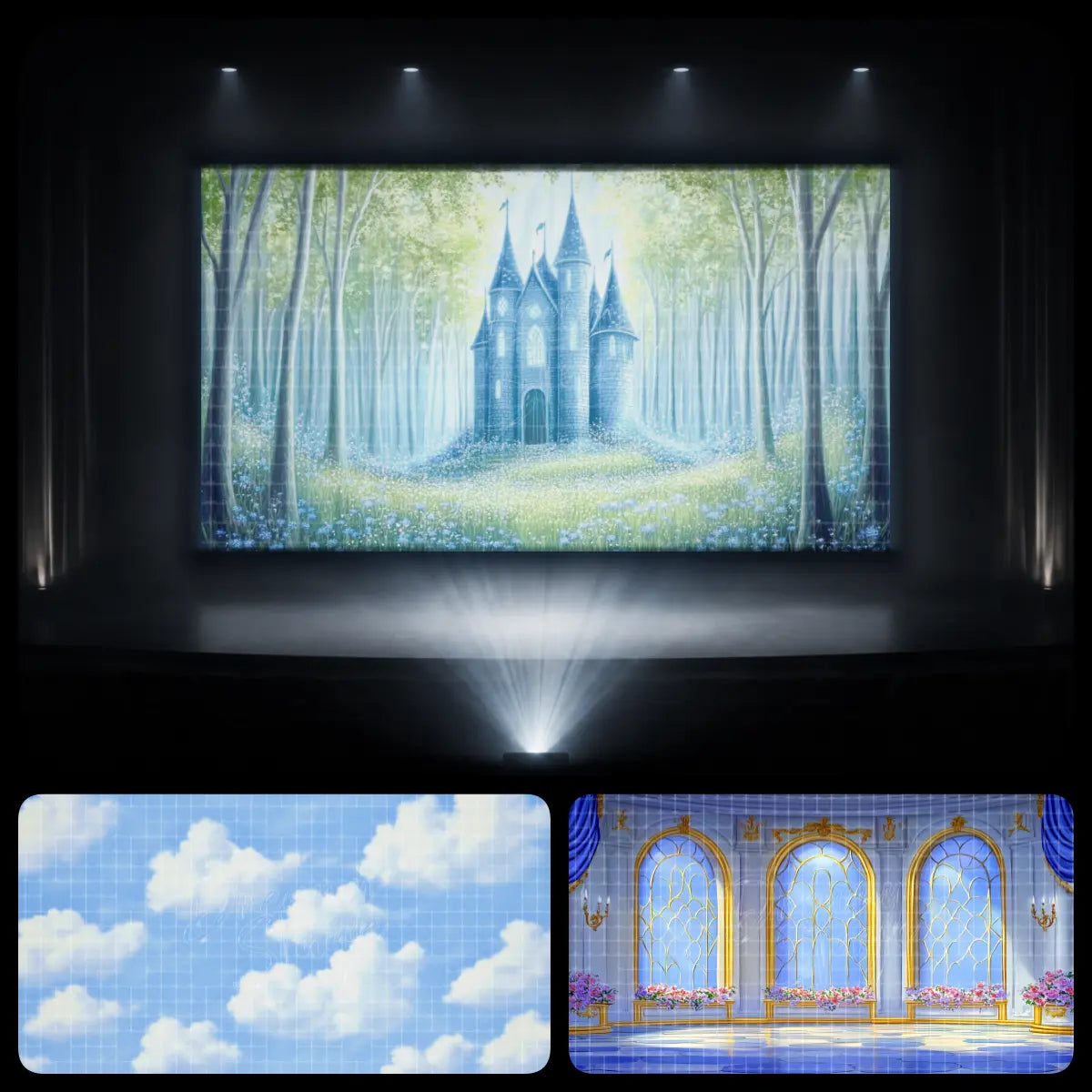 Fairytale dance recital backdrop with a misty woodland castle, soft cloud sky scene, and elegant palace hall, ideal for ballet recital and magical stage projection.