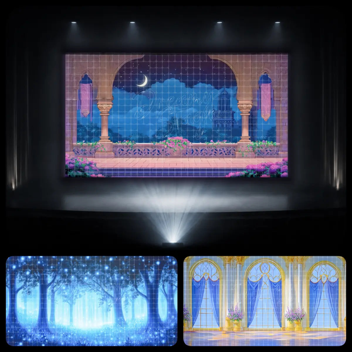 Fairytale dance recital digital backdrop with a moonlit palace balcony, glowing enchanted forest, and elegant royal hall, perfect for lyrical dance and fantasy performances.