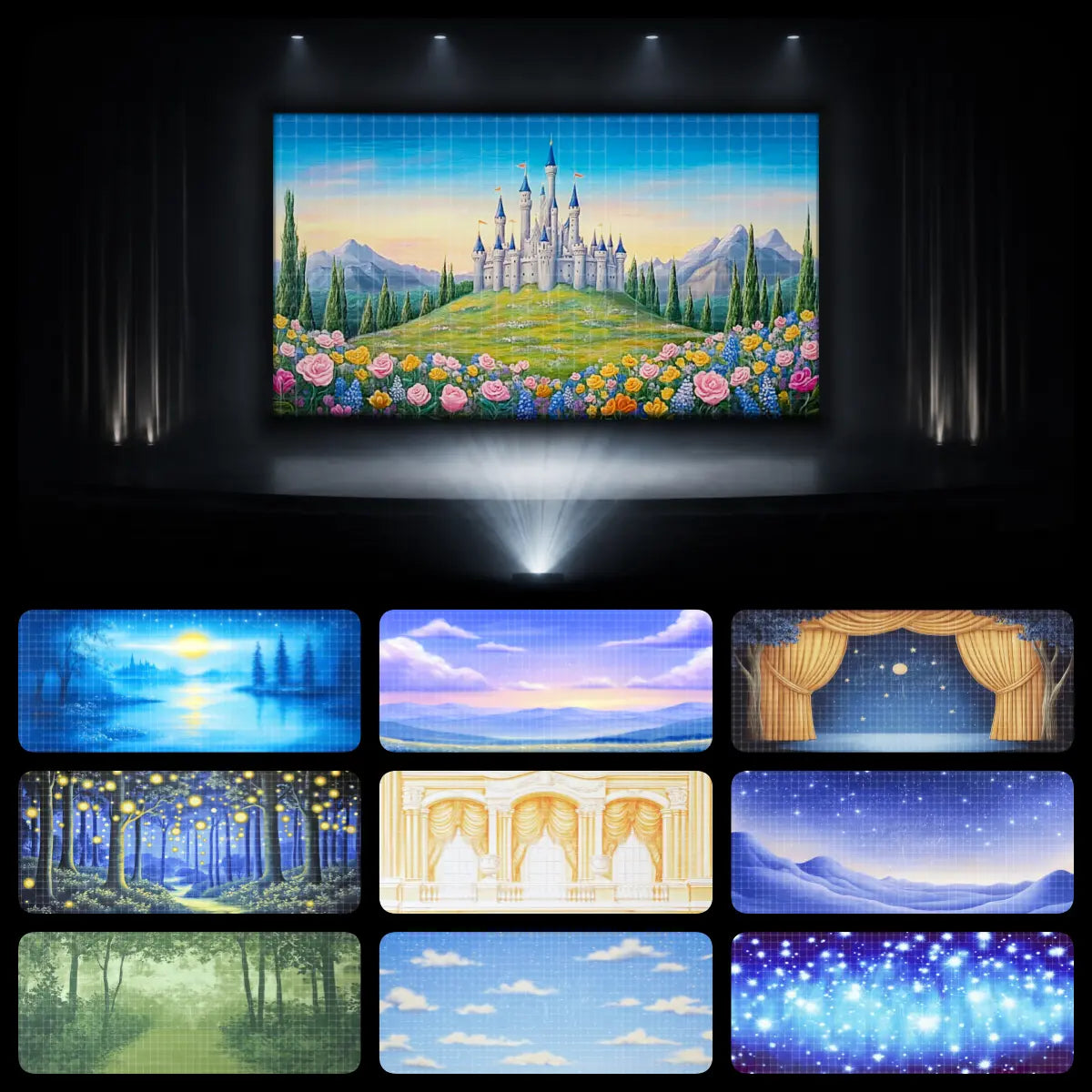 Fairytale dance recital digital backdrop with a royal meadow castle, sunrise lake, soft mountain sky, enchanted forest, palace interior, and sparkling magical light effects.