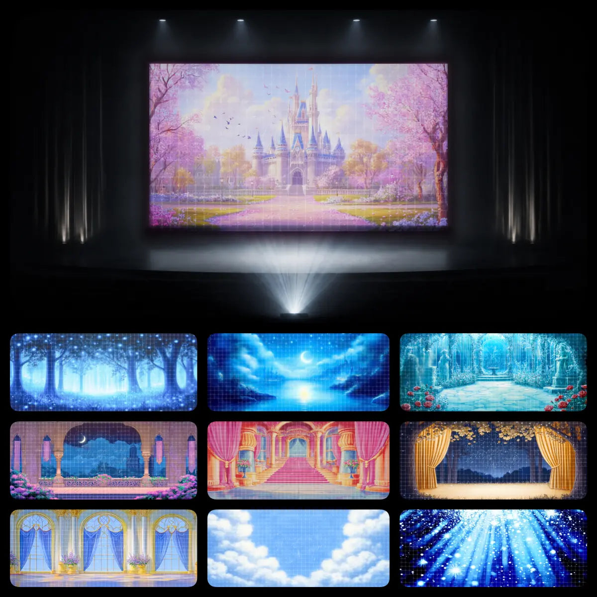 Fairytale digital backdrop for dance recital performances featuring a spring castle courtyard with blossom trees, moonlit sea, enchanted forest, palace balcony, and grand royal interiors.