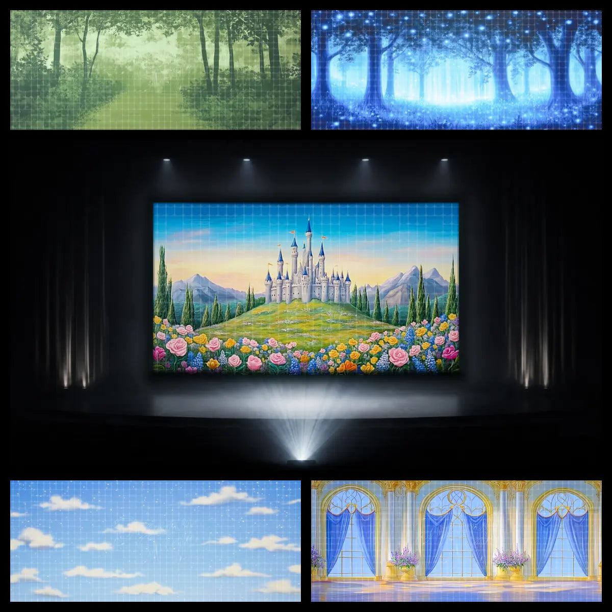 Fairytale stage backdrop for dance recitals featuring a hilltop castle surrounded by flowers, with dreamy lake, pastel mountain sky, forest lights, and palace scenes.