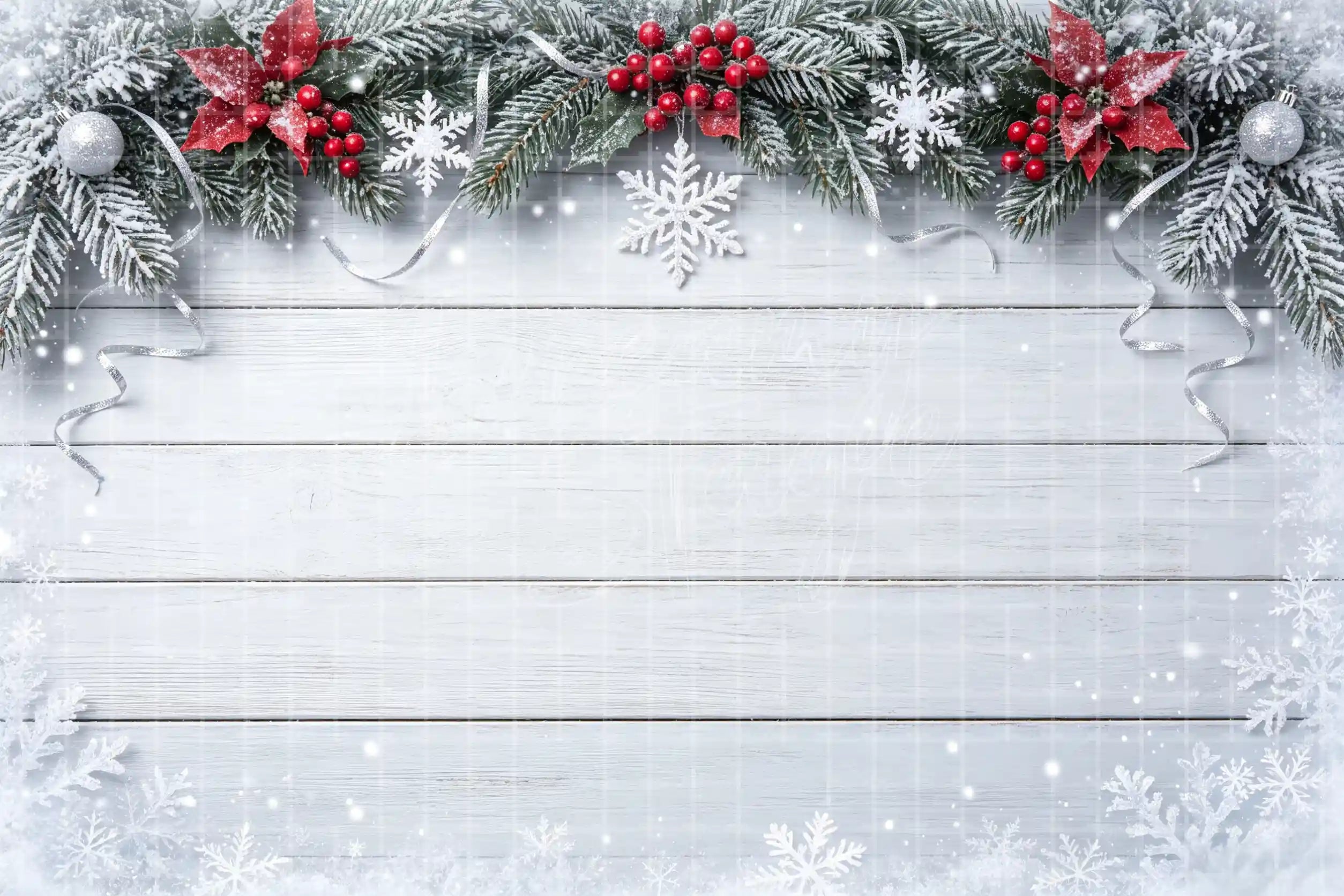 Frosted Christmas wood plank digital backdrop with white boards, snowy branches, red berries, silver ornaments, and winter holiday background.