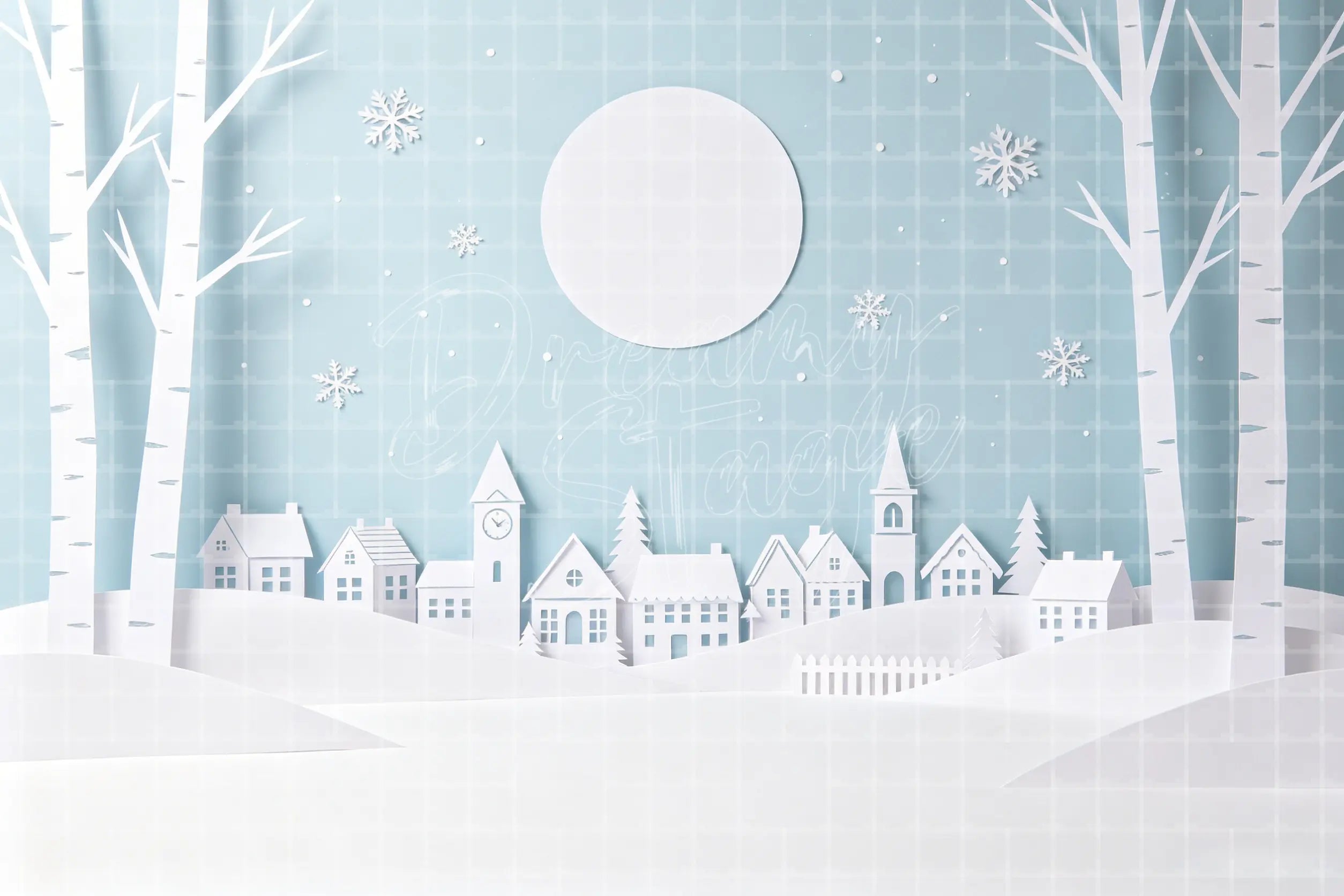 Minimal winter village digital backdrop with pale blue sky, white trees, snowy houses, snowflakes, open circle space, and Christmas paper cut background.