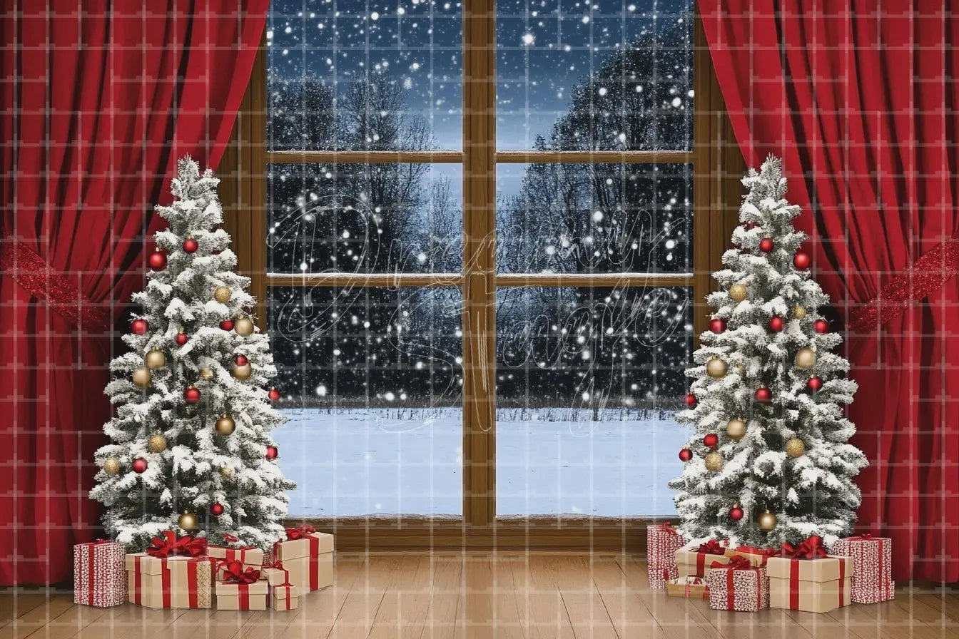 Red curtain Christmas tree window digital decor backdrop with snowy window view, two decorated white trees, wrapped gifts, and holiday background.